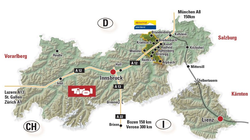 Map of the Austrian state of Tyrol with its capital Innsbruck situated approximately in the center, and Alpbach to the east. Main motorway connections are shown as well, namely the A12 (from Vorarlberg in the west and connecting through Innsbruck to Munich in Germany), as well as the A13 (connecting Innsbruck to Bozen in Italy).